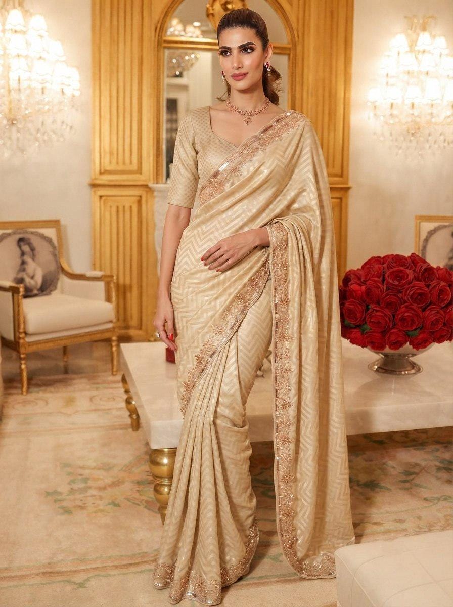 Pure Kanjivaram Silk Saree | Hand Embroidered Wedding Saree with Cutdana, Beads, Sequins