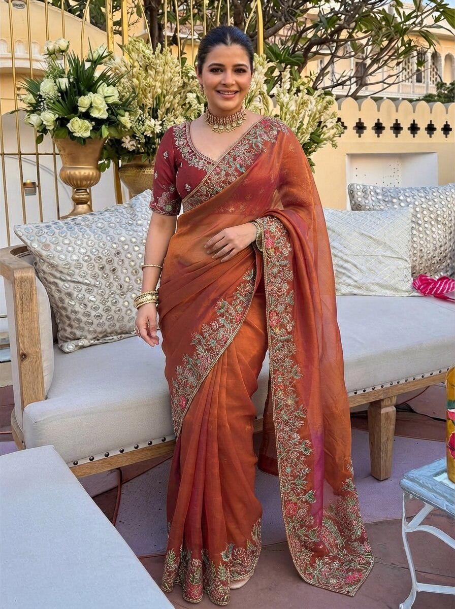 Fendy Satin Silk Saree with C-Pallu Embroidery | Designer Wedding Wear Blouse Piece