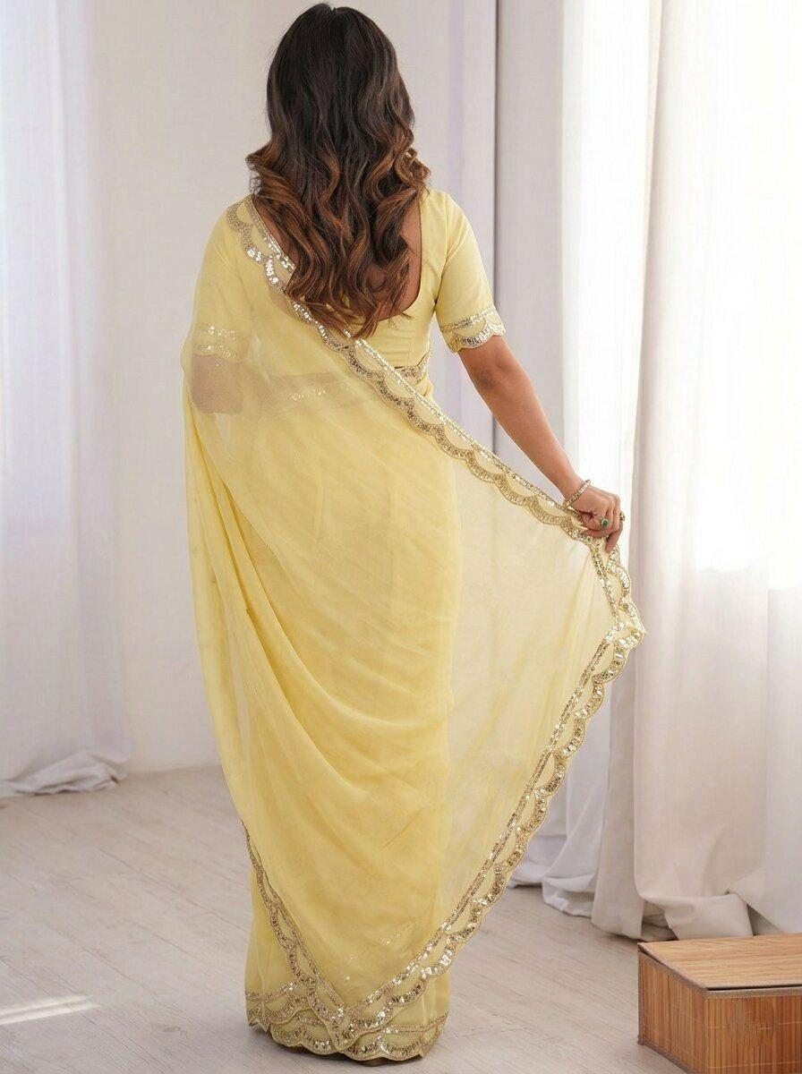 Moss Chiffon Saree, Sequins Lace Border, Embroidered Banglory Silk Blouse, Festive Party Wear