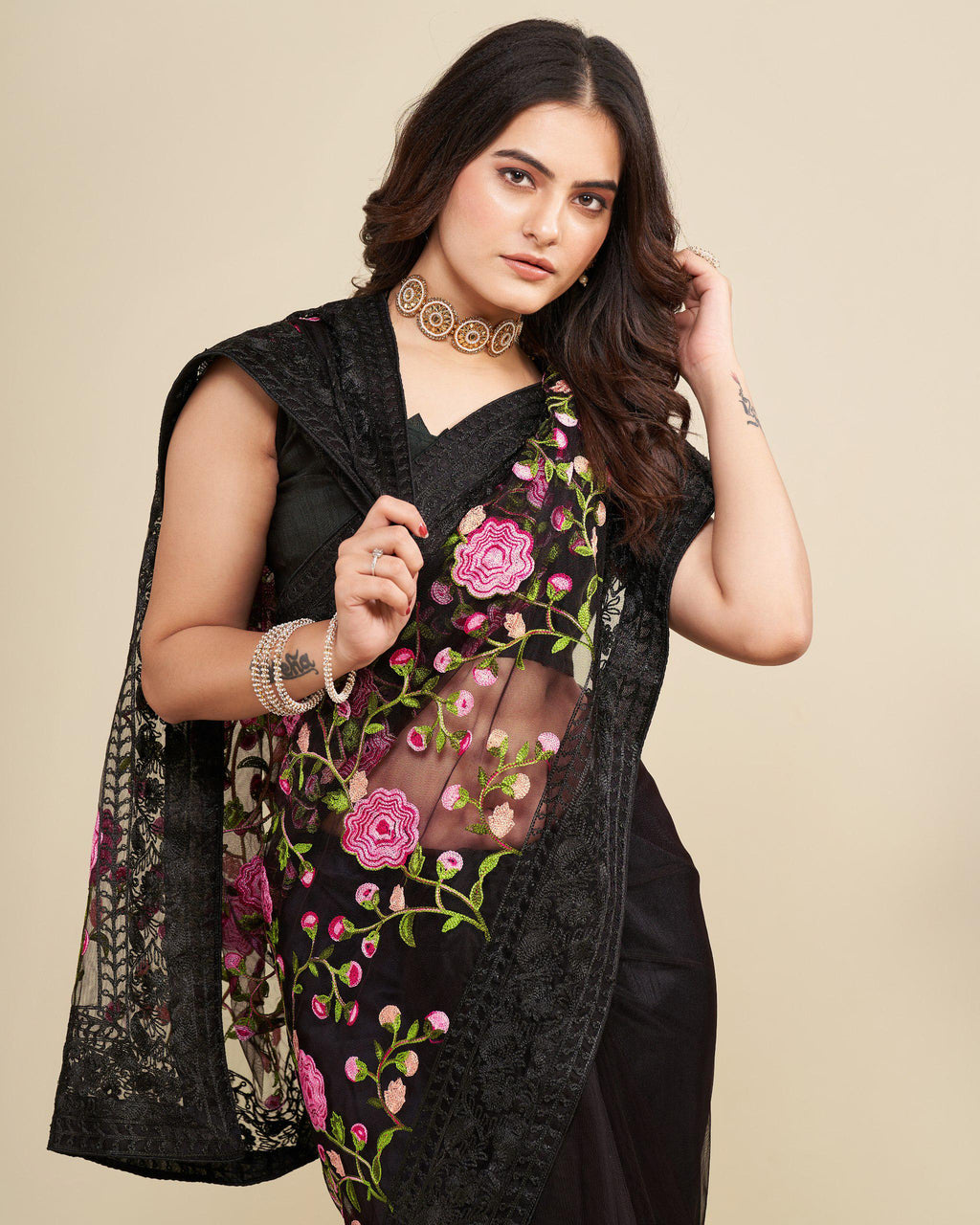 Soft Net Saree with Chikankari Embroidery, Wedding Festive Party Wear (Unstitched Blouse)