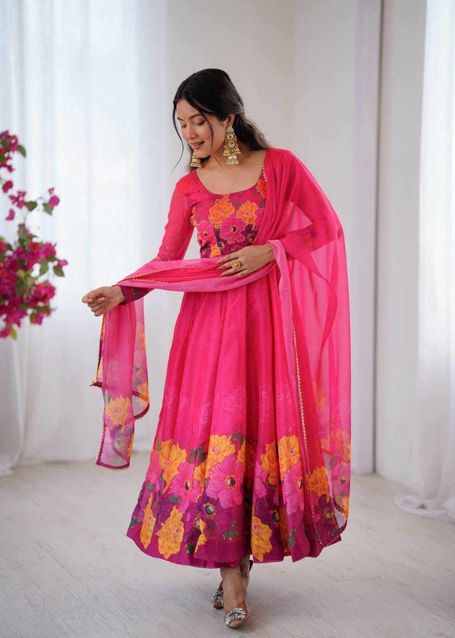 Organza Silk Anarkali Suit Set, Digital Print Dupatta, 14 Kali Gown, Festive Indian Outfit