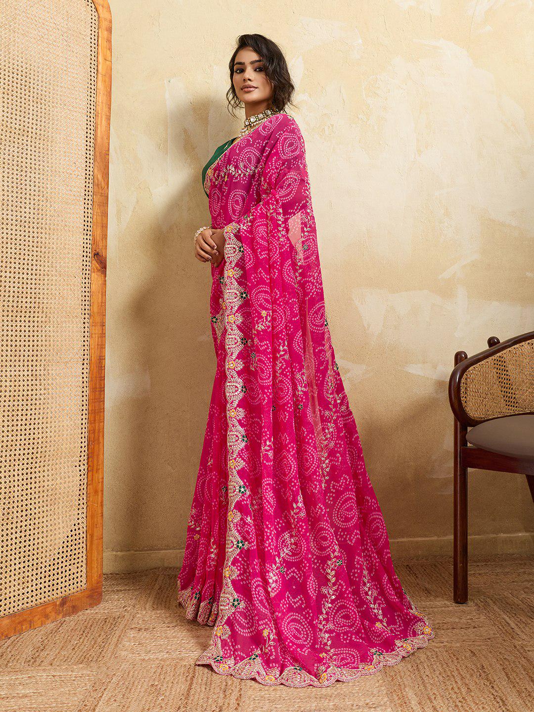 Georgette Bandhej Print Saree | Embroidered Cutwork Border, Silk Blouse Piece