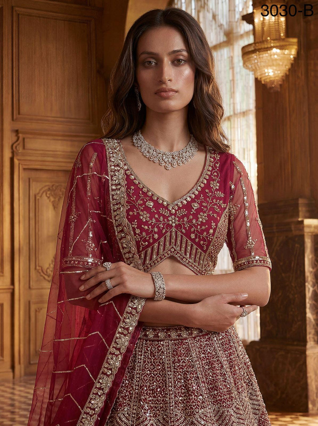 Designer Bridal Net Lehenga Choli, Crystal Sequin Motif Work, Wedding Wear Set