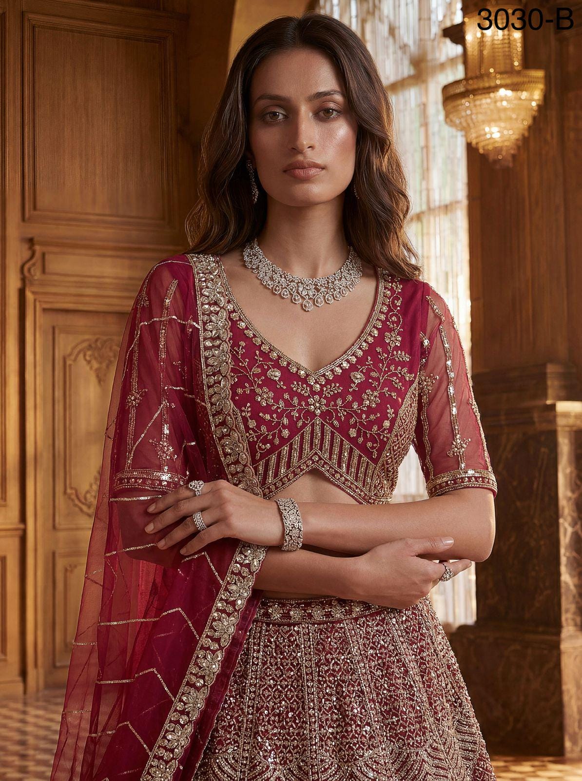 Designer Bridal Net Lehenga Choli, Crystal Sequin Motif Work, Wedding Wear Set