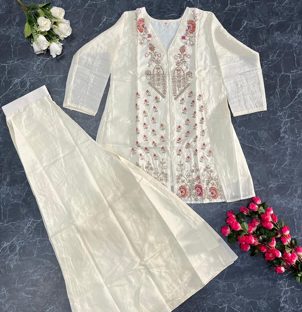 Embroidered Silk Kurti Pant Set, Short Ethnic Co-Ord Outfit, Festive Wear