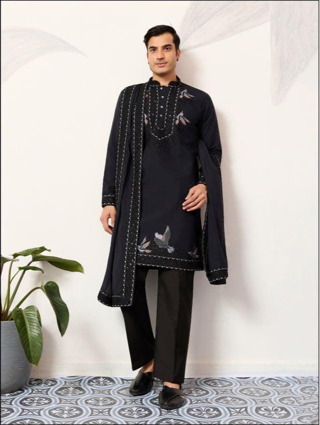 Men's Viscose Silk Kurta Set with Dupatta and Pant, Festive Ethnic Wear