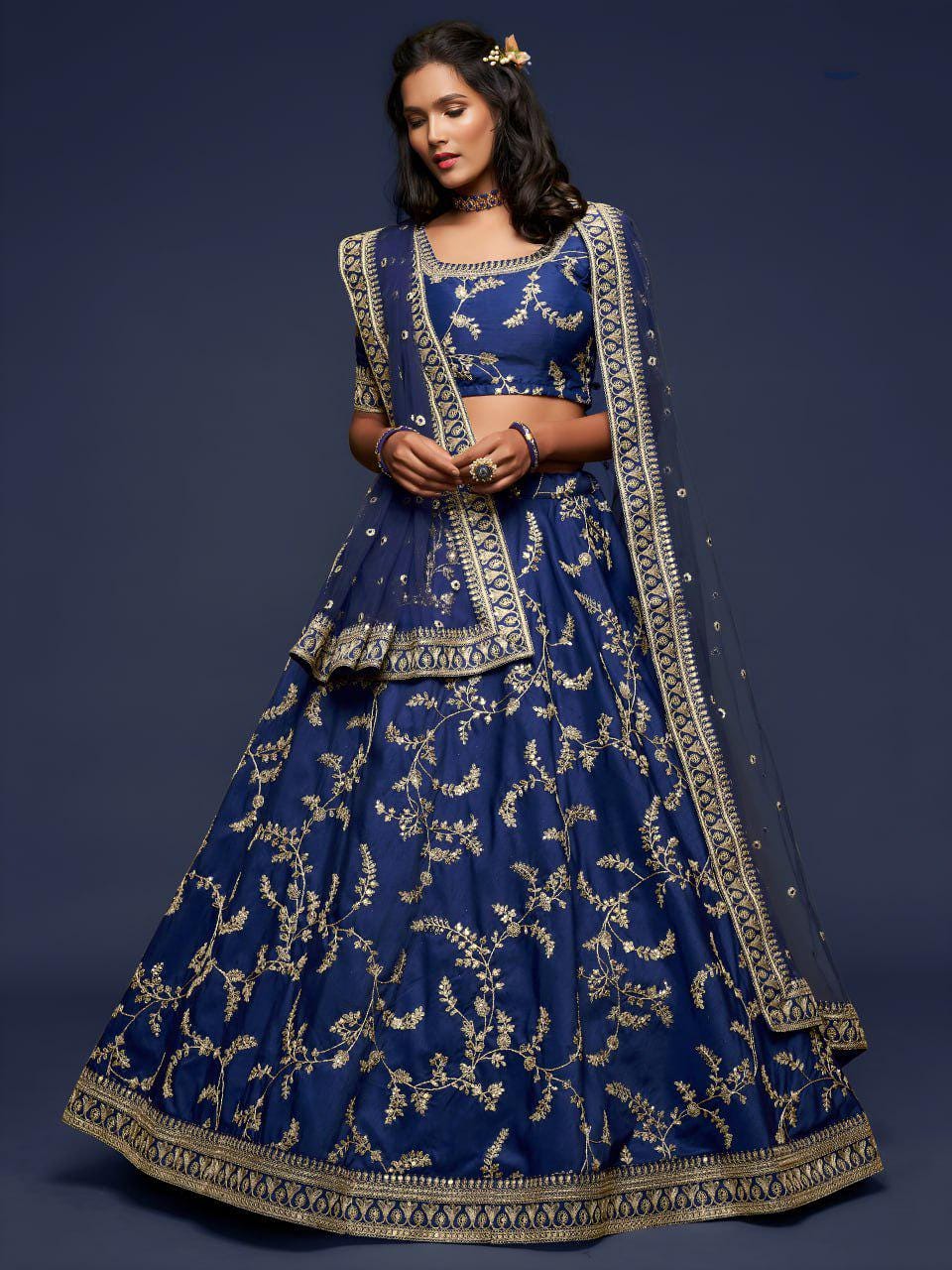 Navy Blue Art Silk Lehenga Choli Set | Zari Dori Sequins Embroidery, Net Dupatta