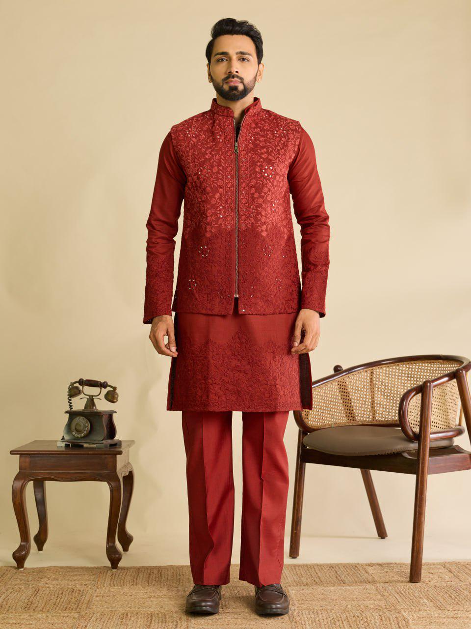 Art Silk Kurta Koti Set | Real Mirror Multi Thread Embroidery Wedding Outfit