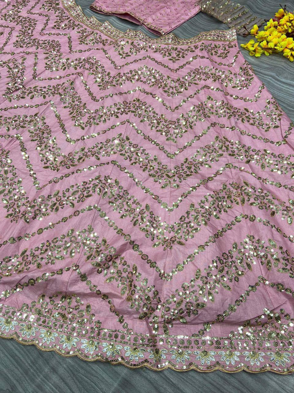 Chinon Silk Lehenga Choli, Multi Thread Sequins Work, Wedding Bridal Party Wear Net Dupatta