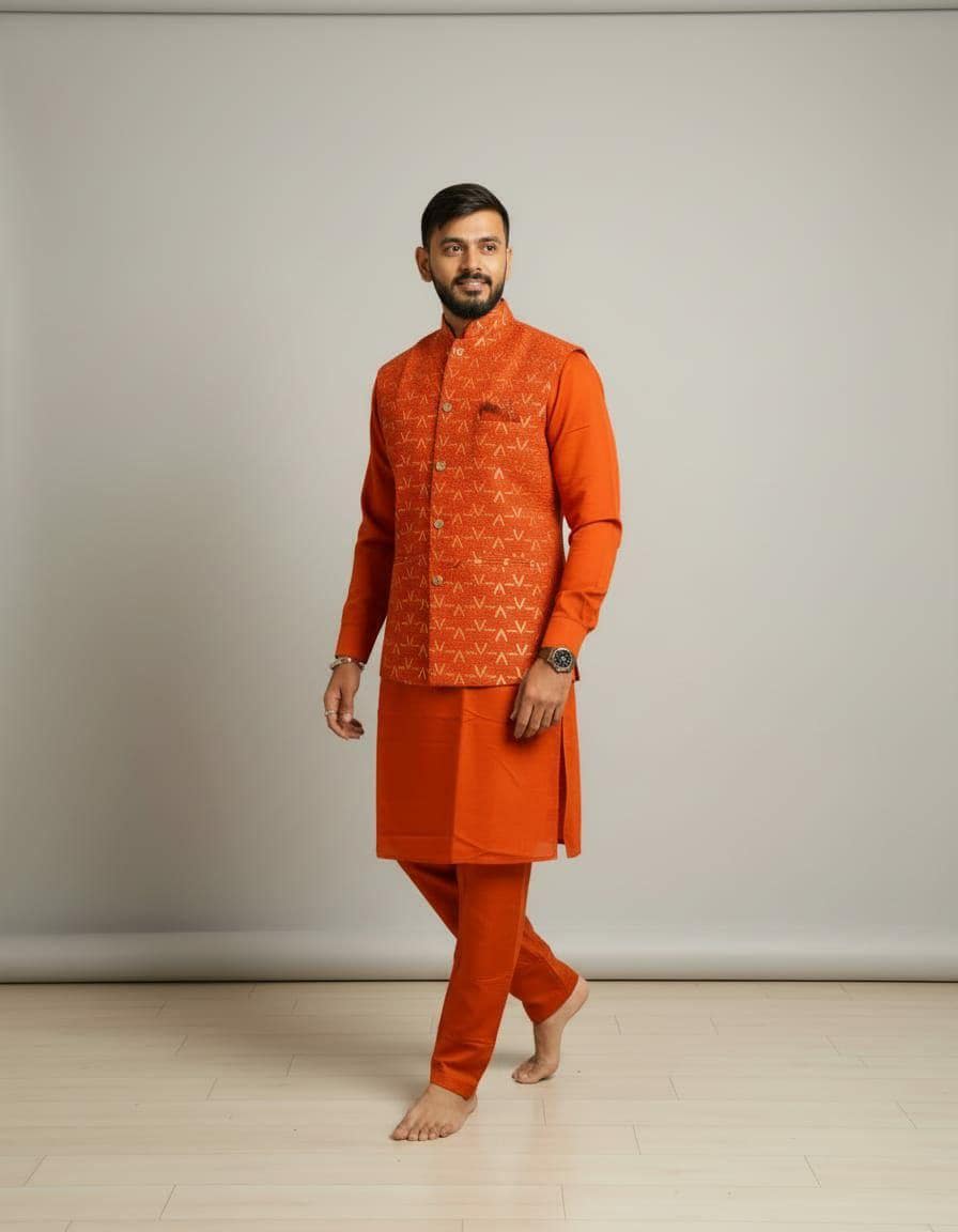 Men's Silk Kurta Pant Set with Embroidered Koti | Festive Ethnic 3-Piece Outfit