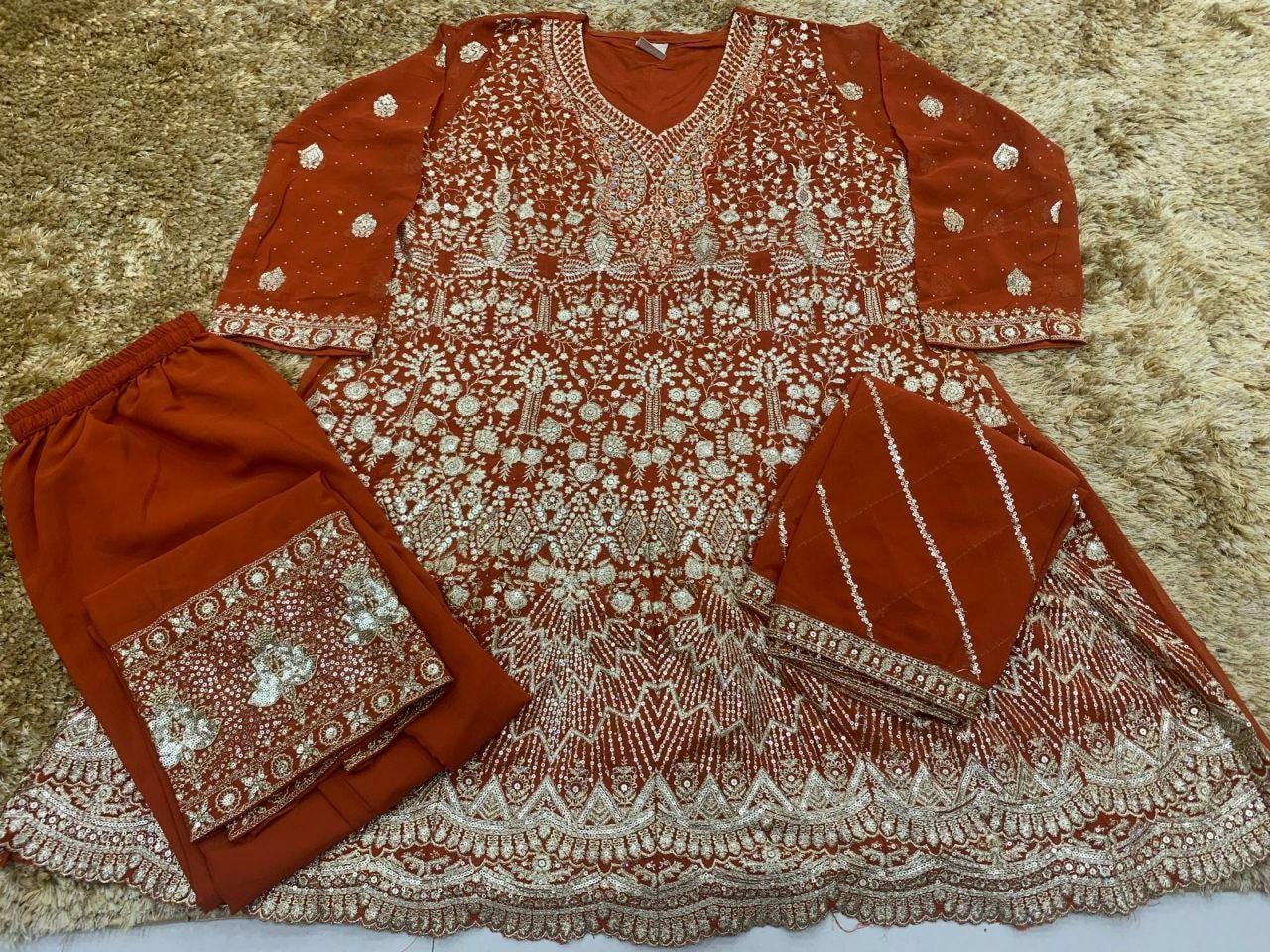 Georgette Palazzo Suit | Zari Thread Sequin Embroidery | Fully Stitched Party Wear Salwar Kameez Net Dupatta