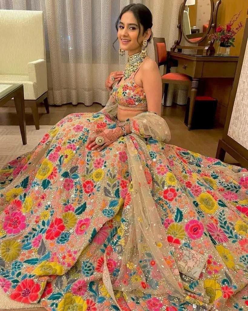 Soft Mono Net Lehenga Choli, Sequins Embroidery, Bridal Wedding Party Wear XXL