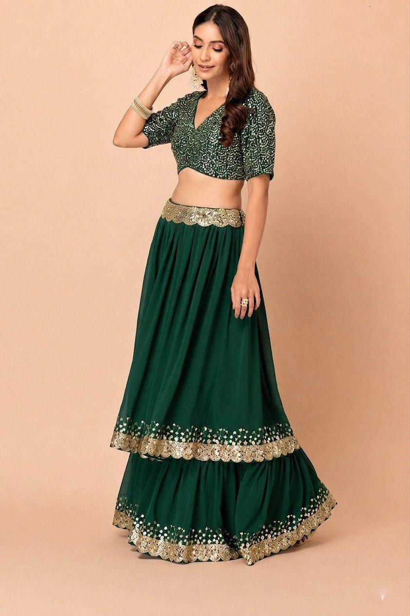 Emerald Georgette Lehenga Choli Set, Zari Sequin Embroidery, Wedding Party Wear