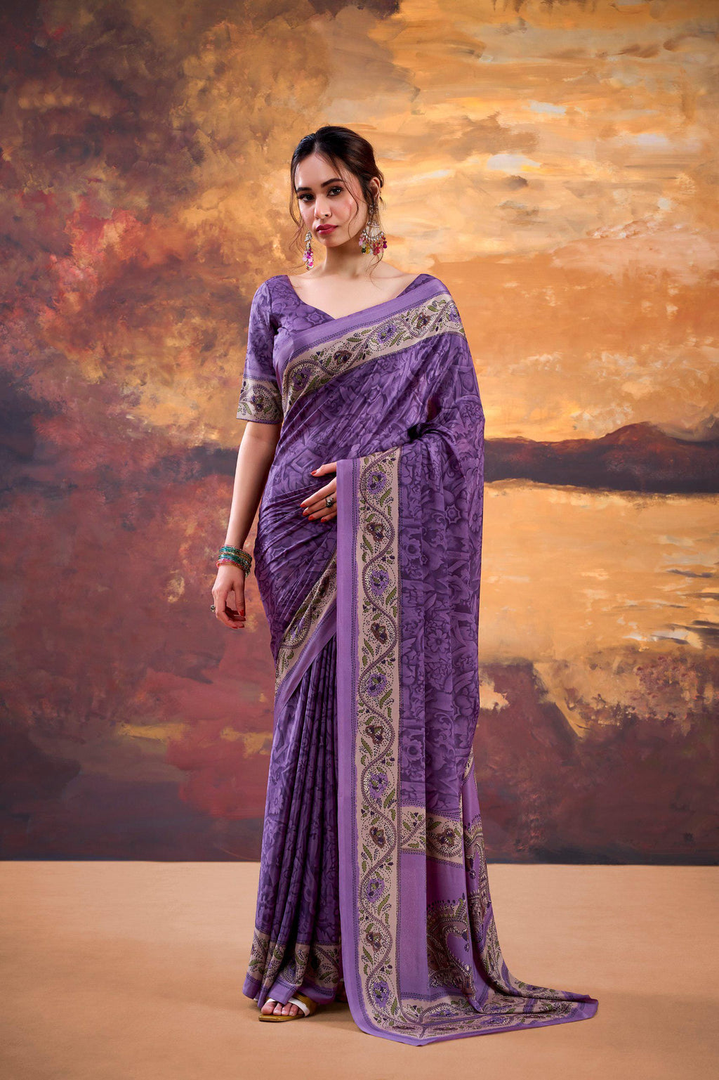 Crepe Printed Saree with Unstitched Blouse, Lightweight Festive Party Wear