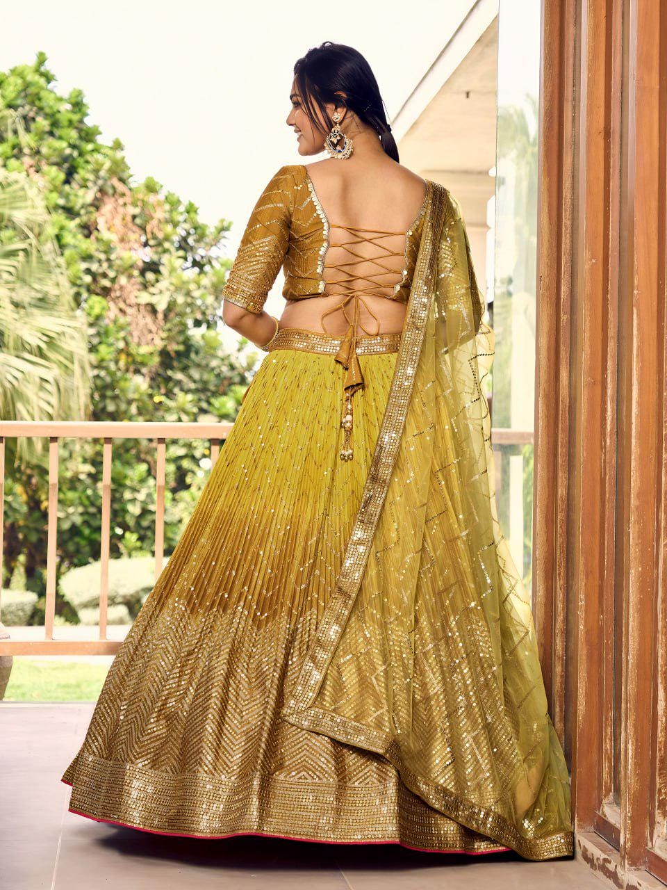 Mustard Gold Chinnon Lehenga Choli Set | Thread Sequin Embroidered Wedding Lehenga (Semi-Stitched)