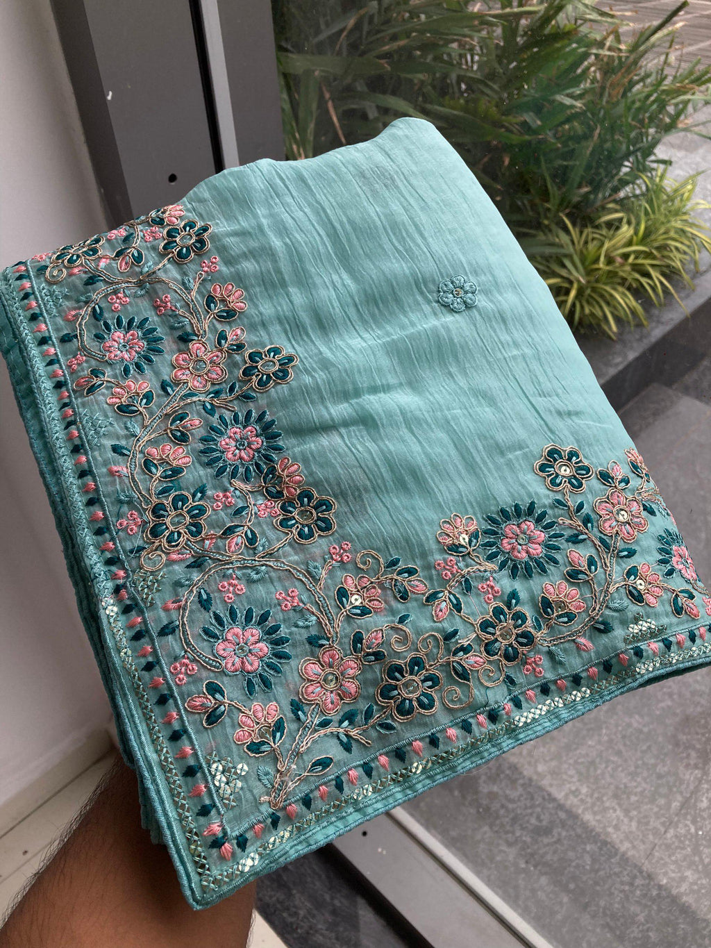 Crunchy Silk Saree, C-Pallu Embroidery, Cutwork Border, Heavy Blouse Piece