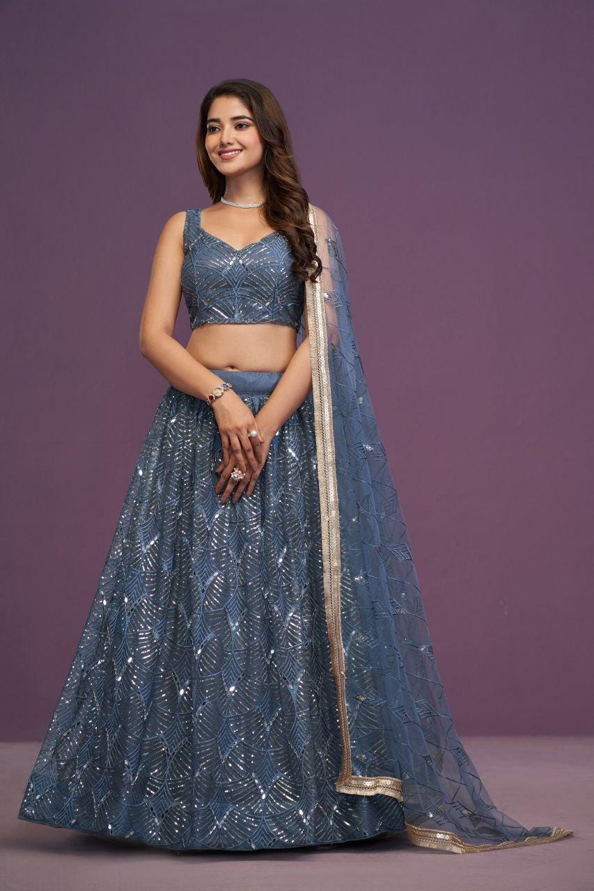 Net Lehenga Choli Set | Real Mirror Zari Embroidery, Bridal Party Wear