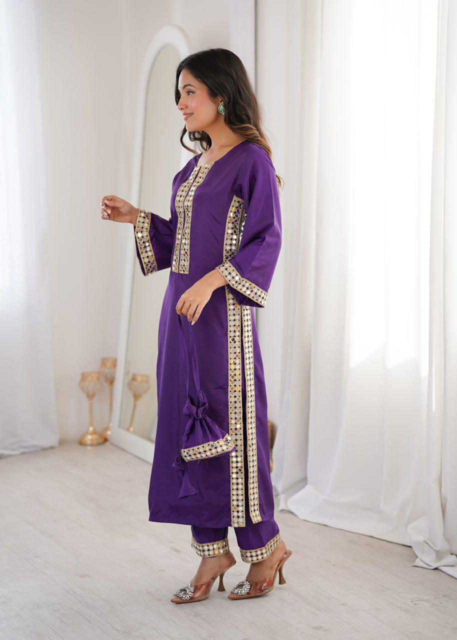Mirror Work Kurti Pant Set with Batwa Bag, Natural Crepe Ethnic Outfit
