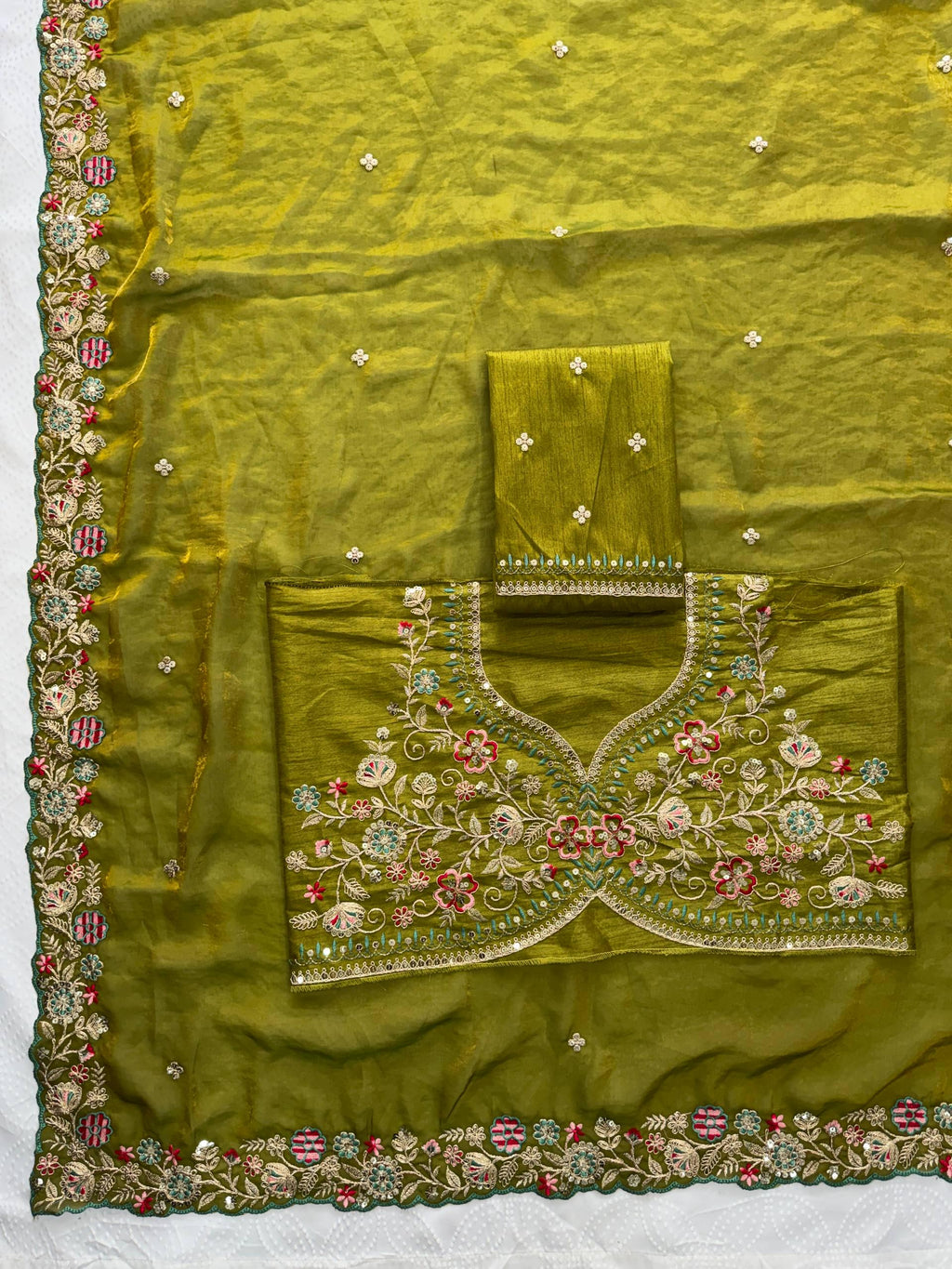Fendy Satin Silk Saree with Embroidered Butti & Cutwork Border | Wedding Heavy Blouse