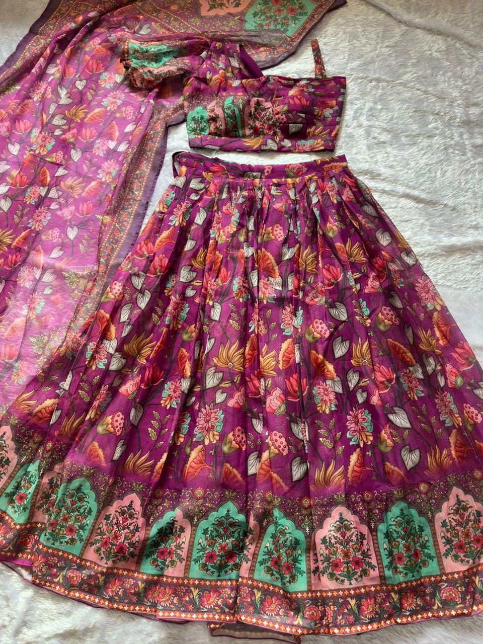 Wine Floral Print Organza Silk Lehenga Choli Set | Padded Blouse, Dupatta