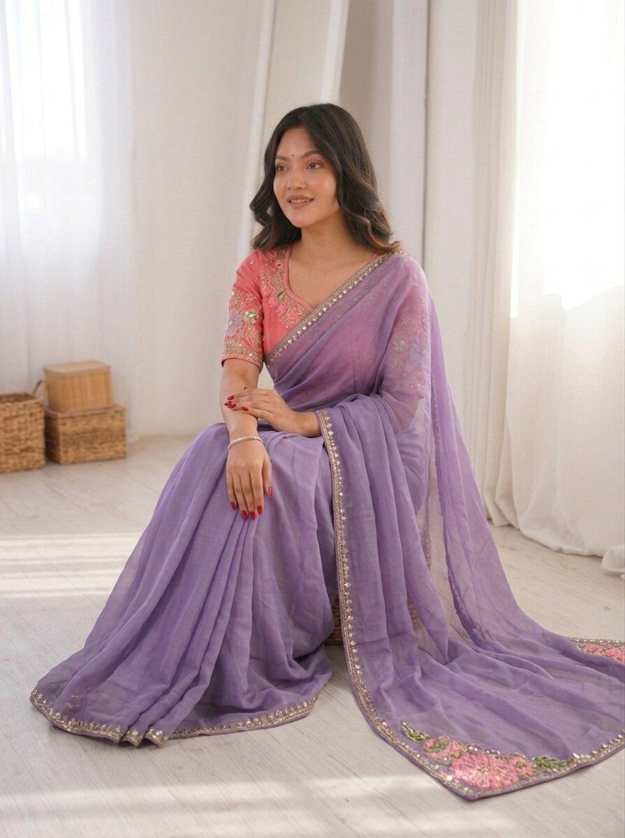 Rangoli Silk Saree with Embroidered Blouse | Cutwork Border Wedding Party Wear
