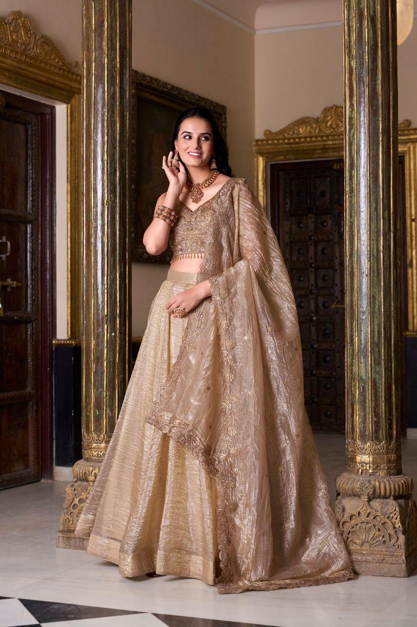 Gold Crush Lehenga Choli Set, Sequins Embroidered Blouse, 5 Meter Flare Wedding Lehenga