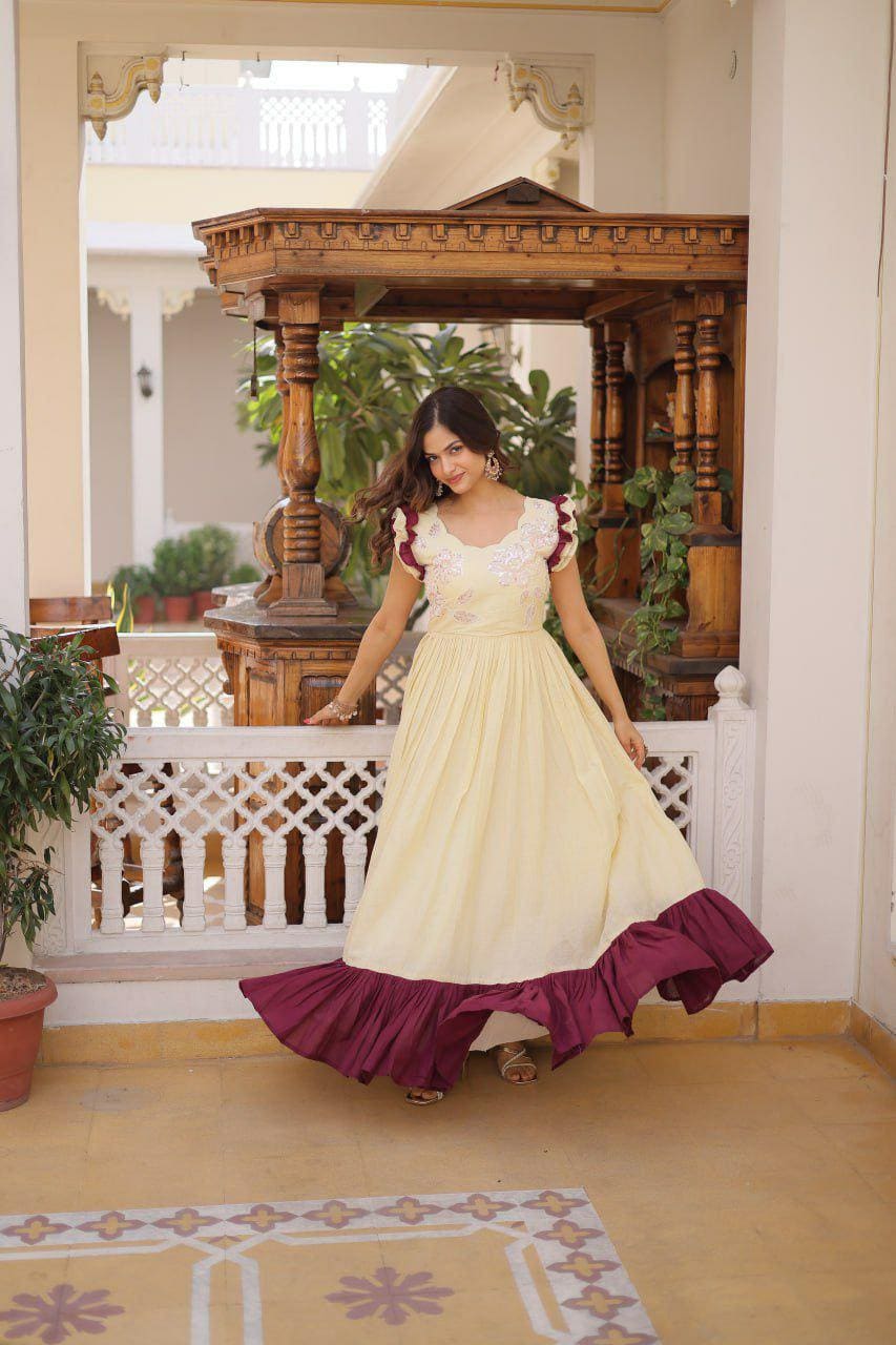 Cotton Anarkali Gown, Sequins Beads Embroidery, Festive Party Dress