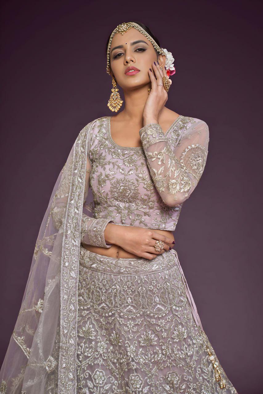Lavender Net Lehenga Choli Set, Zari Badla Glitter Embroidery, Semi-Stitched Wedding Dupatta