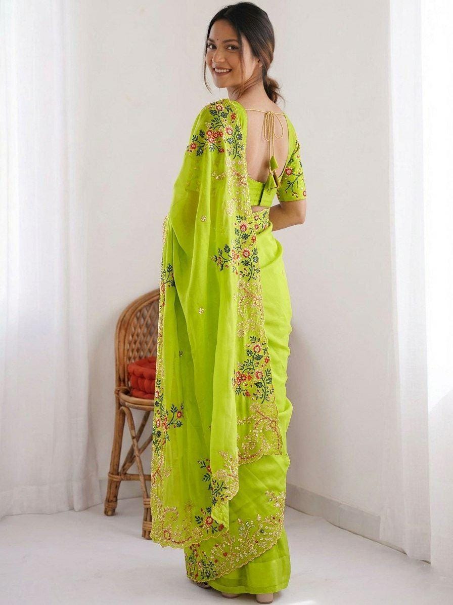 Paper Silk Saree with Embroidery Sequins, Cutwork Border | Designer Wedding Wear