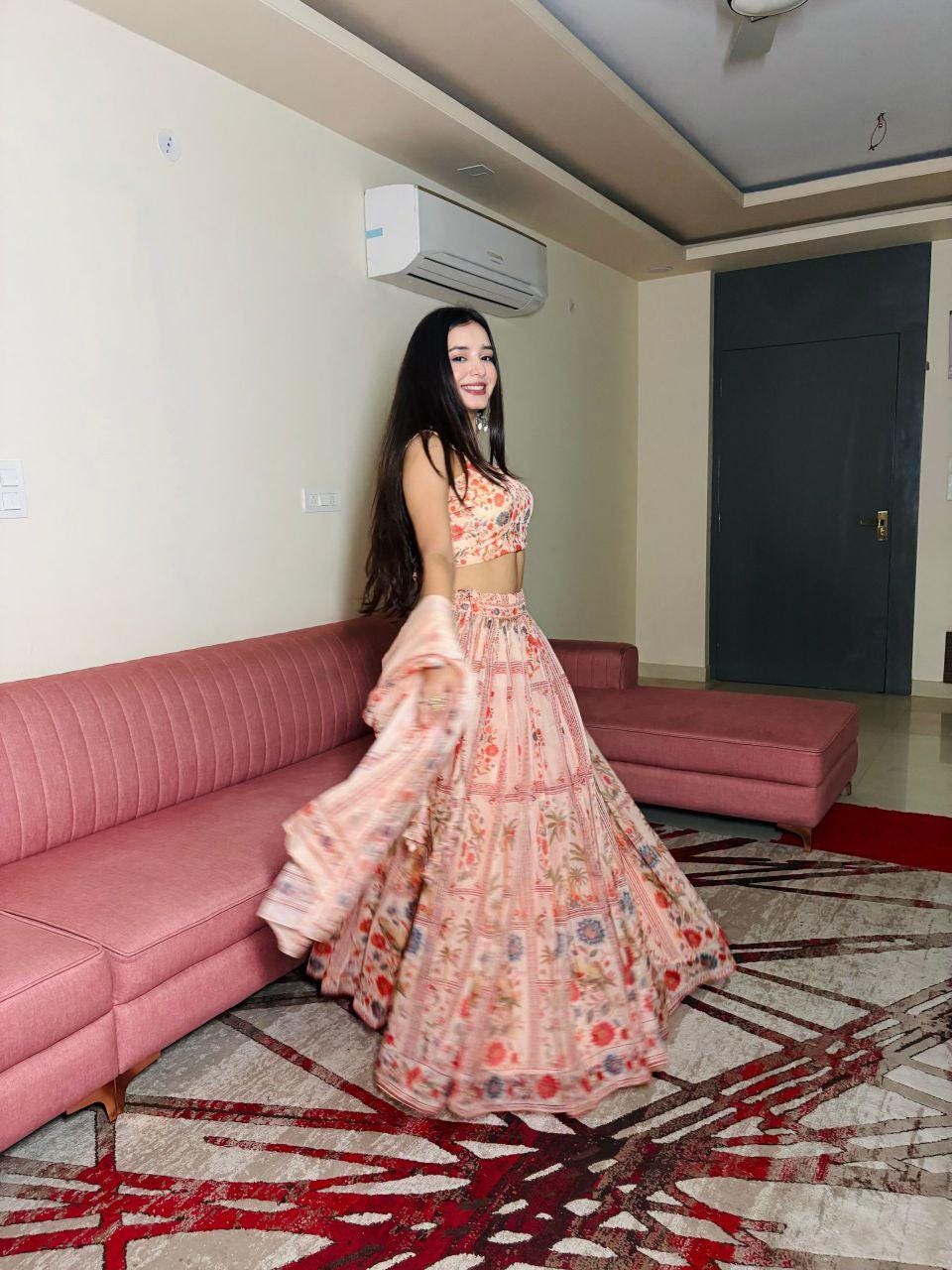Pastel Floral Organza Lehenga Choli Set | Digital Print Padded Blouse, Party Wear
