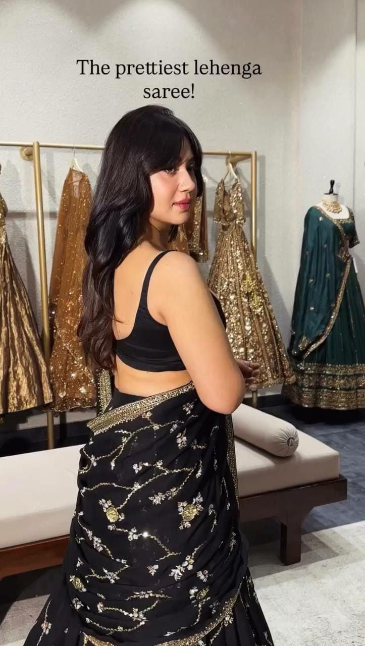 Faux Georgette Lehenga Saree | Sequins Embroidered Blouse, Lace Border Dupatta (Ready-to-Wear)