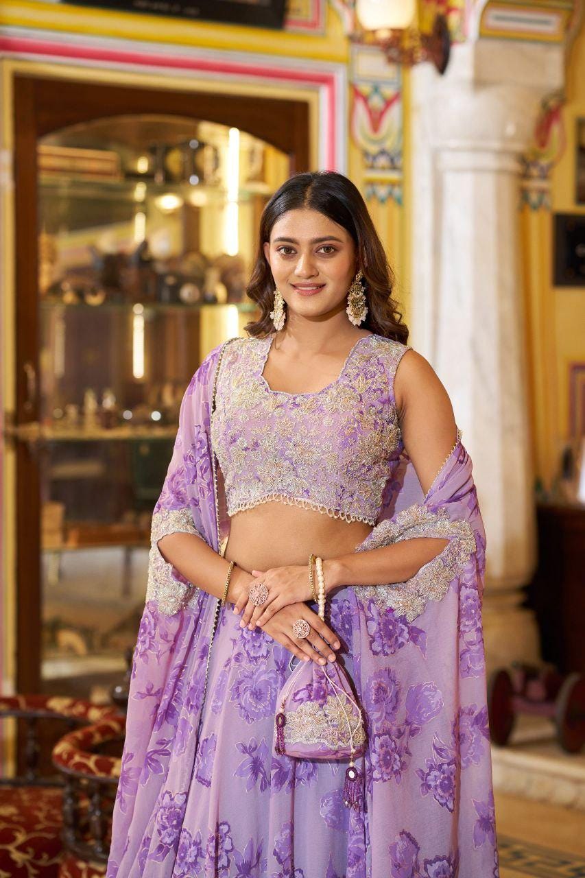 Embroidered Georgette Lehenga Choli Set with Cape Dupatta & Batwa Bag
