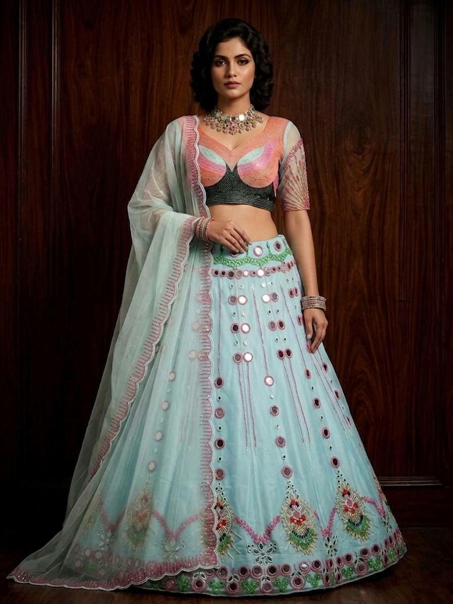 Butterfly Net Lehenga Choli, Mirror Pearl Work, Sequins Embroidery Bridal Set