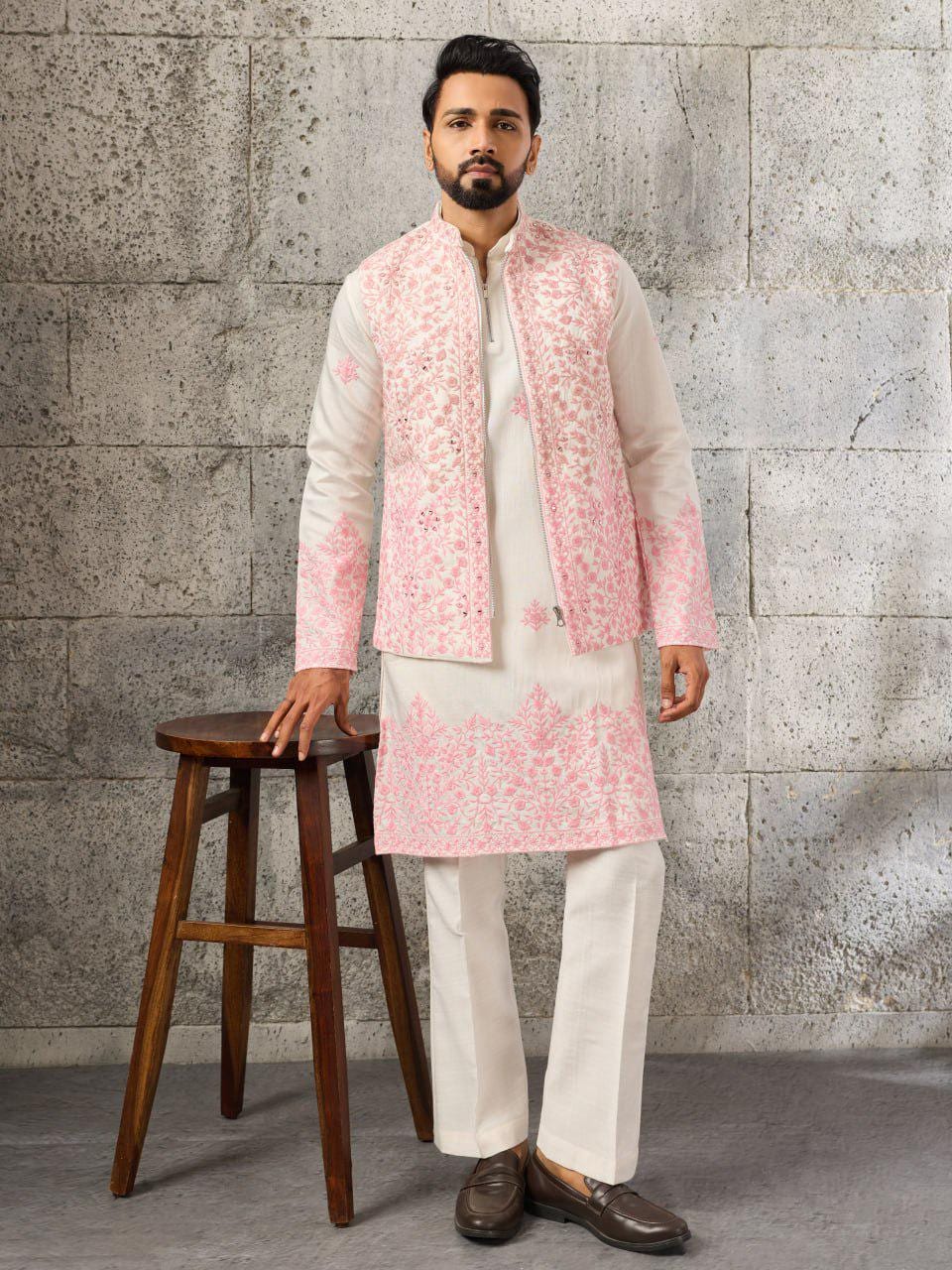 Art Silk Kurta Koti Set | Real Mirror Multi Thread Embroidery Wedding Outfit