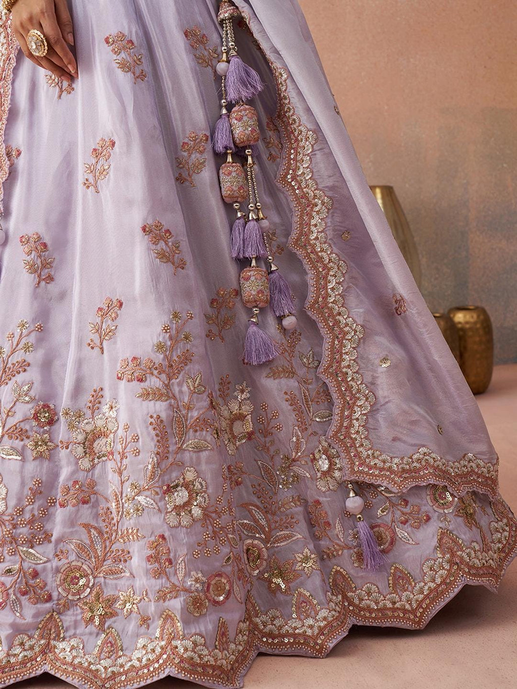 Lavender Tissue Lehenga Choli Set, Sequins Embroidery, Bridal Party Wear Dupatta