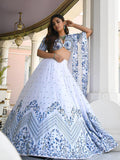 White Satin Lehenga Choli Set | Blue Floral Embroidery, Zari, Sequins, Net Dupatta