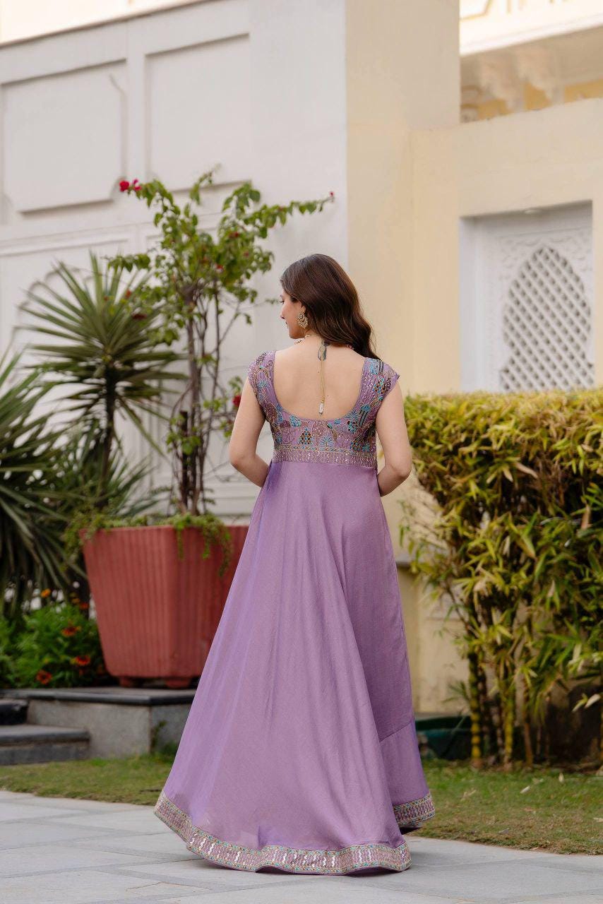 Vichitra Silk Embroidered Gown with Dupatta, Festive Party Wear Ethnic Dress