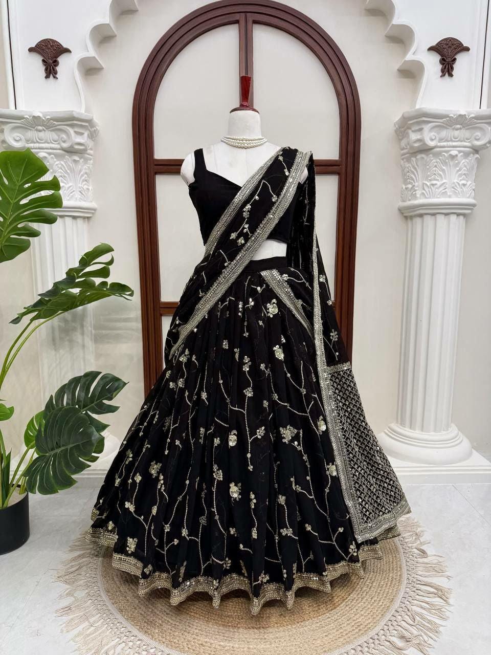 Faux Georgette Lehenga Saree | Sequins Embroidered Blouse, Lace Border Dupatta (Ready-to-Wear)
