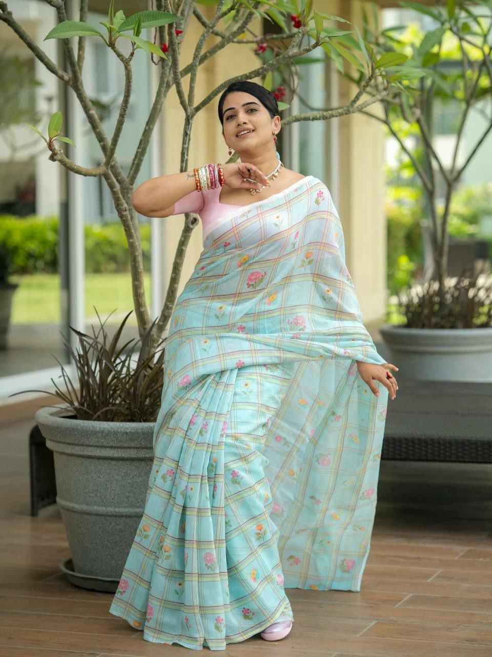 Soft Linen Digital Printed Saree | Checks Floral Dasty Print, Baby Pink Blouse