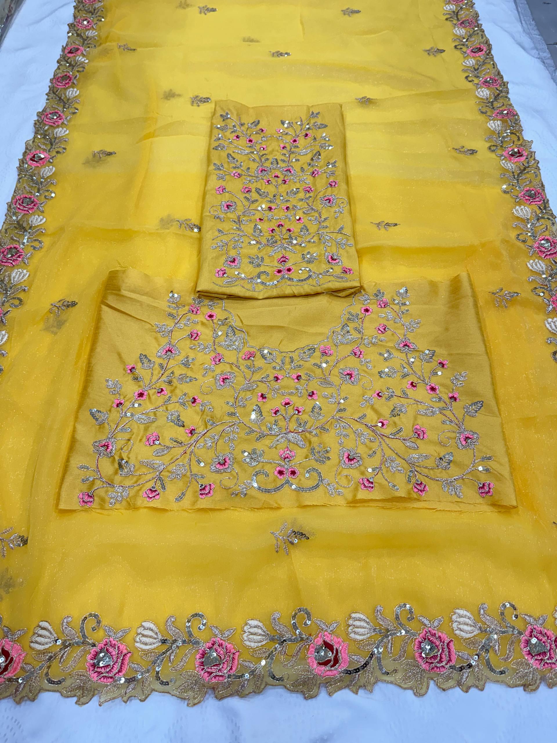 Yellow Chiffon Silk Saree, Heavy Embroidery, Cutwork Border, Festive Wedding Wear