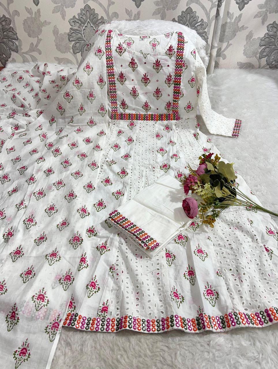 Cotton Chikankari Anarkali Kurti Set with Mirror Work, Lace Pant Dupatta