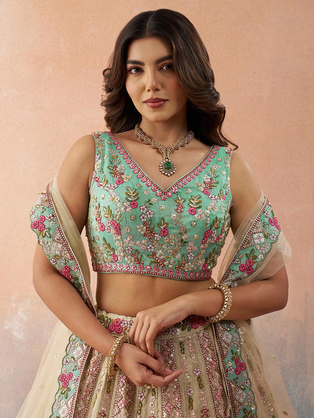 Cream Tissue Lehenga Choli Set, Sequins Embroidery, Wedding Party Wear