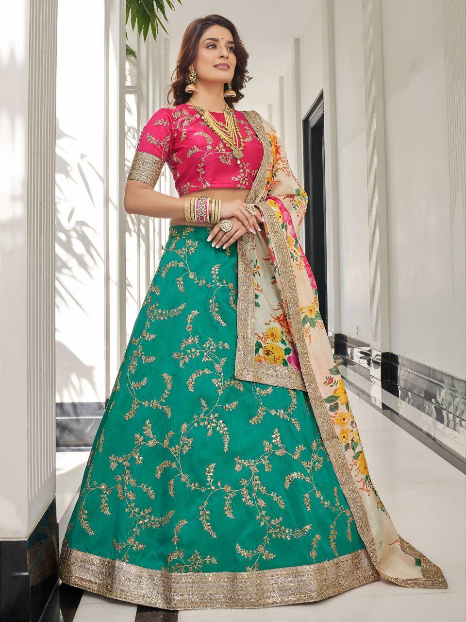 Green Art Silk Lehenga Choli | Zari Sequin Embroidery, Floral Organza Dupatta