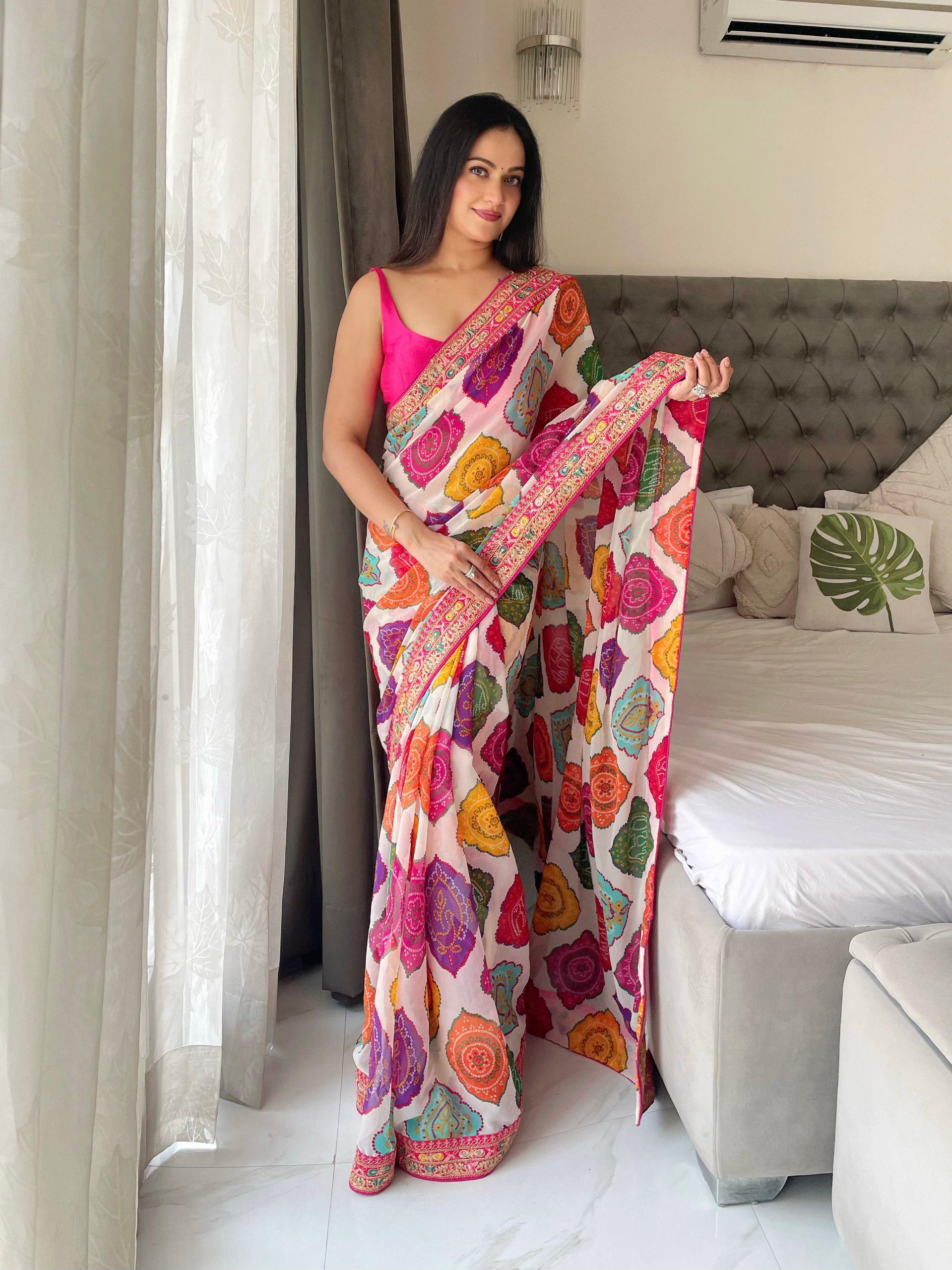Rajwadi Bandhej Print Georgette Saree | Heavy Embroidered Lace Border, Silk Blouse Piece