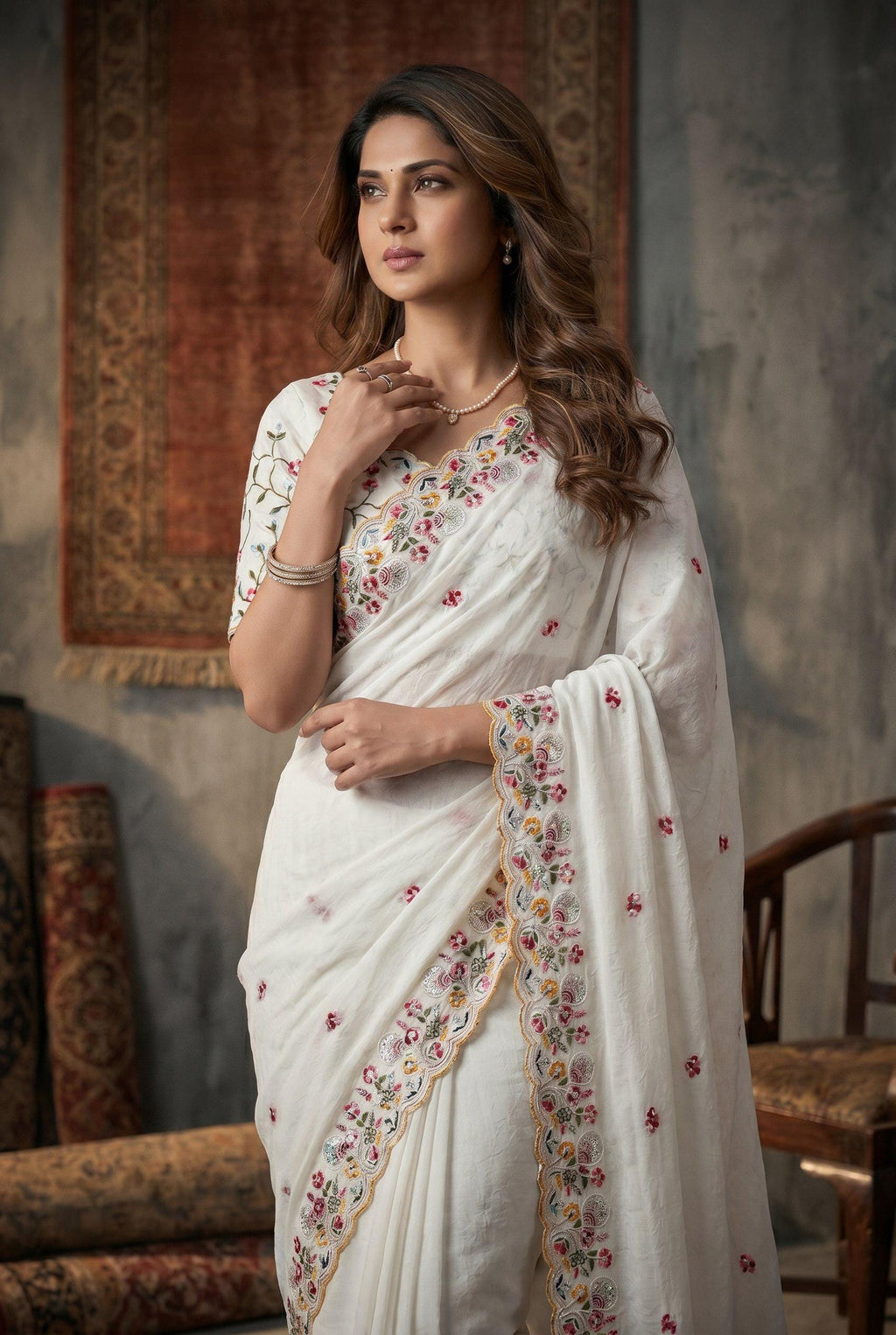 Crush Silk Embroidered Saree with Cutwork Border | Festive Wedding Wear, Mono Banglory Silk Blouse