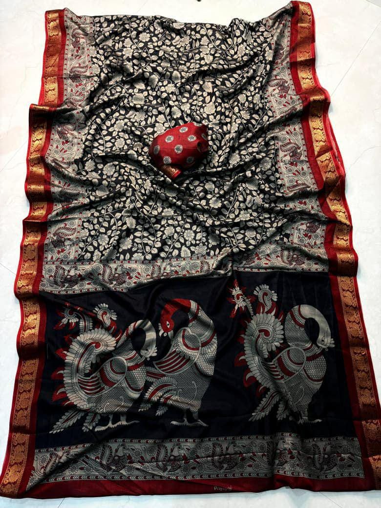 Soft Black Dola Silk Saree with Pen Kalamkari Art