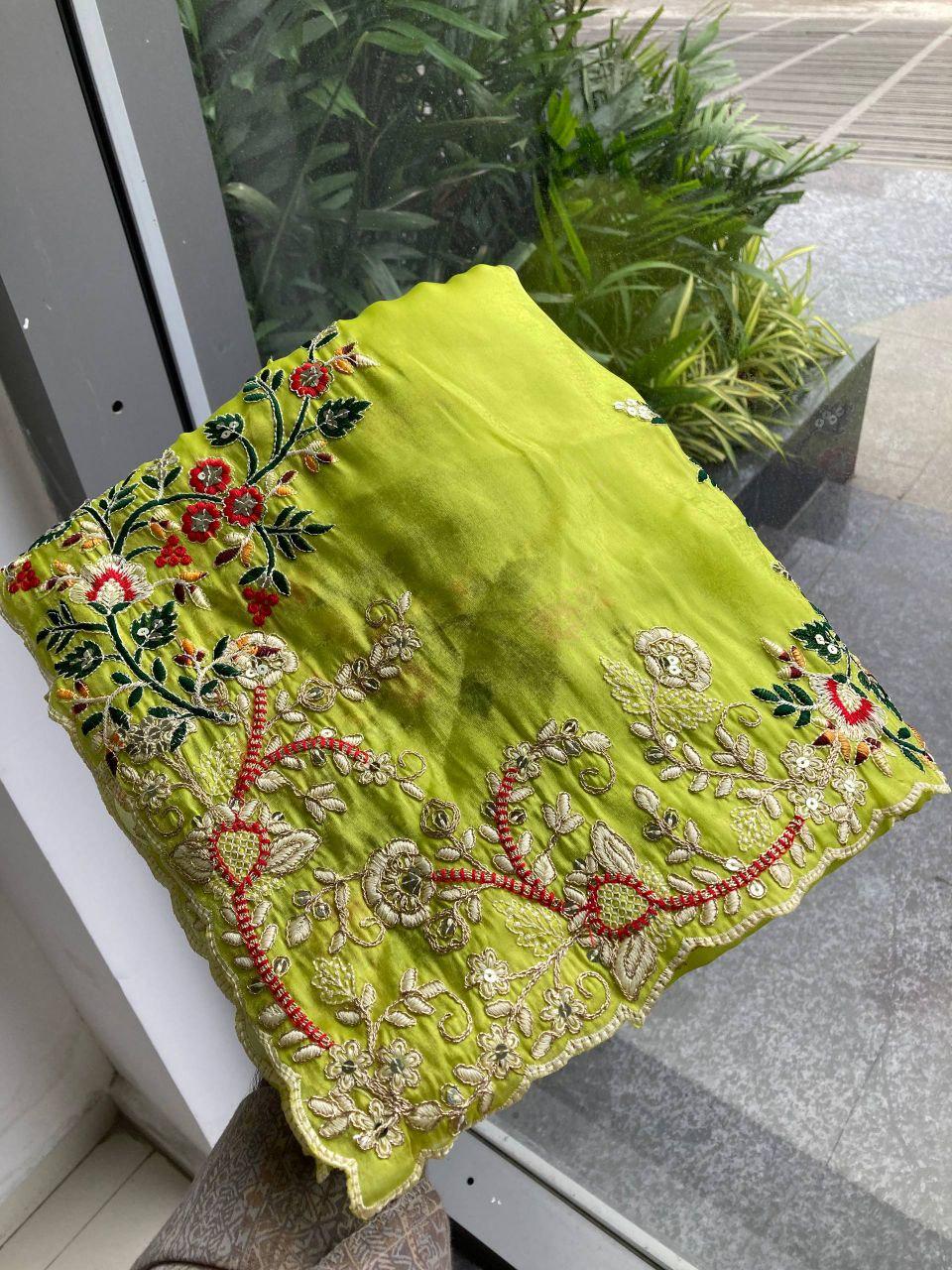 Paper Silk Saree with Embroidery Sequins, Cutwork Border | Designer Wedding Wear