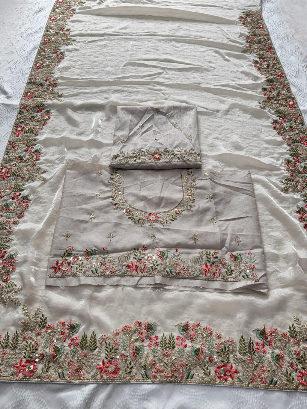 Fendy Satin Silk Saree with C-Pallu Embroidery | Designer Wedding Wear Blouse Piece