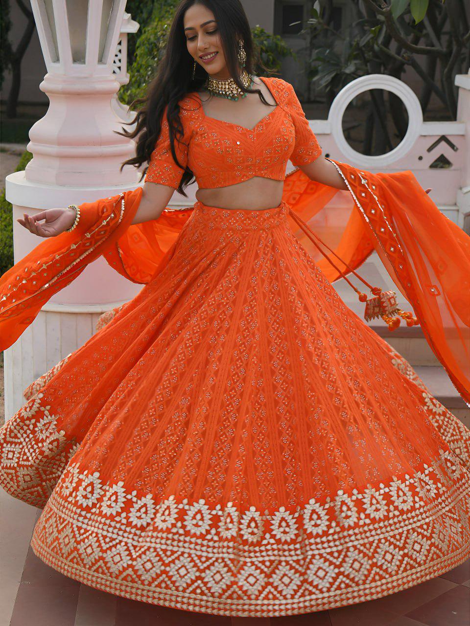 Orange Georgette Lehenga Choli Set | Embroidered Gottapatti, Sequins | Semi-Stitched Outfit, Organza Dupatta