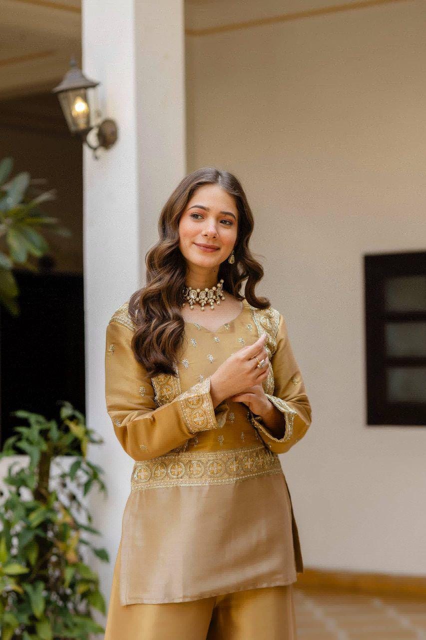 Banarasi Viscose Kurti Set, Heavy Embroidery, Semi Beads Work, Festive Outfit